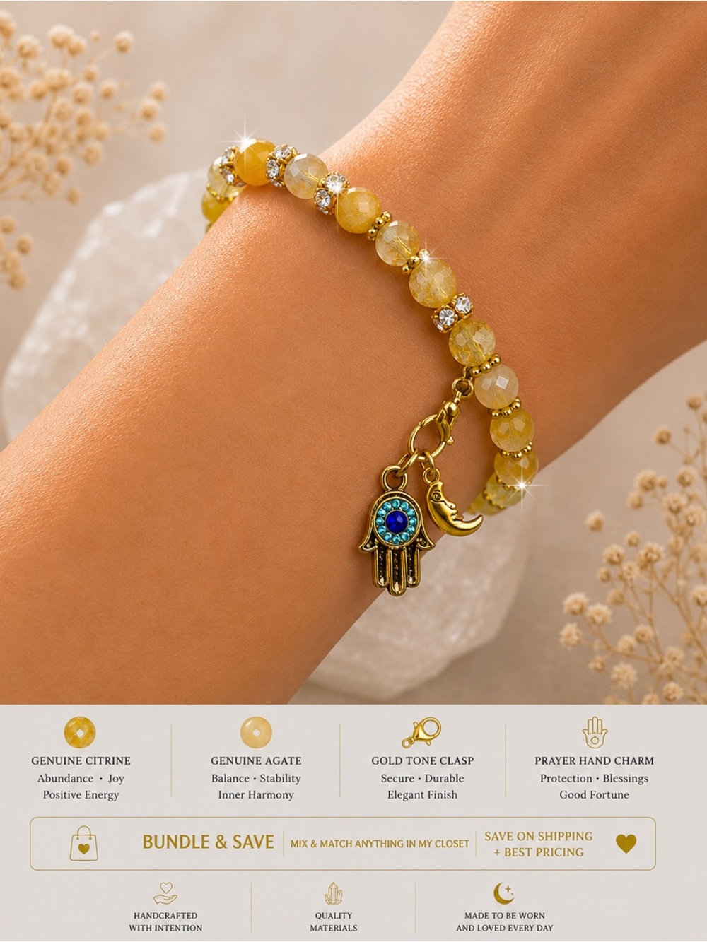 Citrine faceted  stone with Agate genuine stone clasp bracelet
